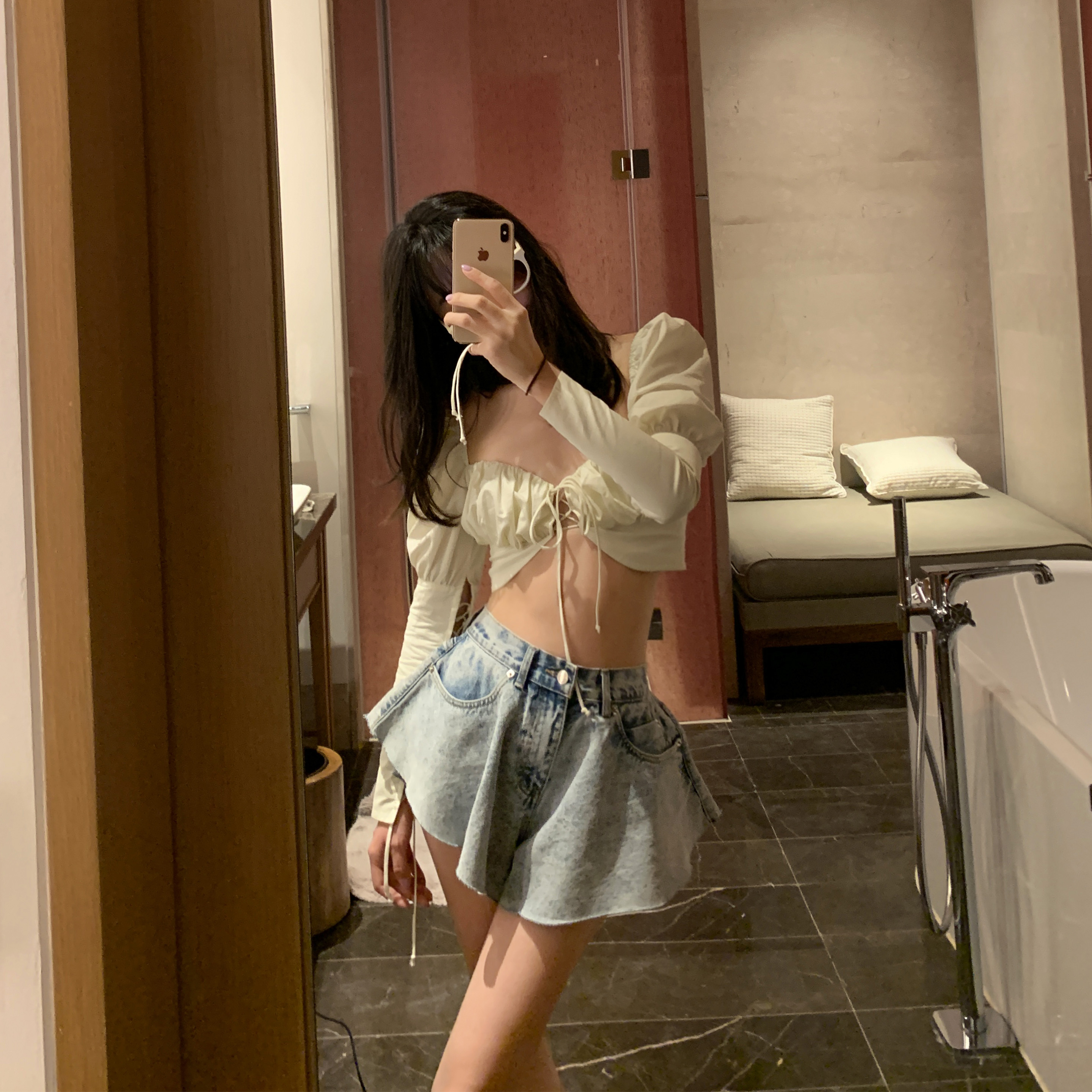 Square Collar Short Style Blouse Lisa Same Vintage Sexy Tie With Bubble Sleeves Blouse Crop Top