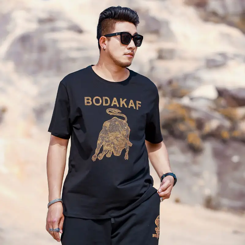 Men's Plus Size Short Sleeve Hot Rhinestone T-Shirt Loose Turtleneck Round Neck T-Shirt