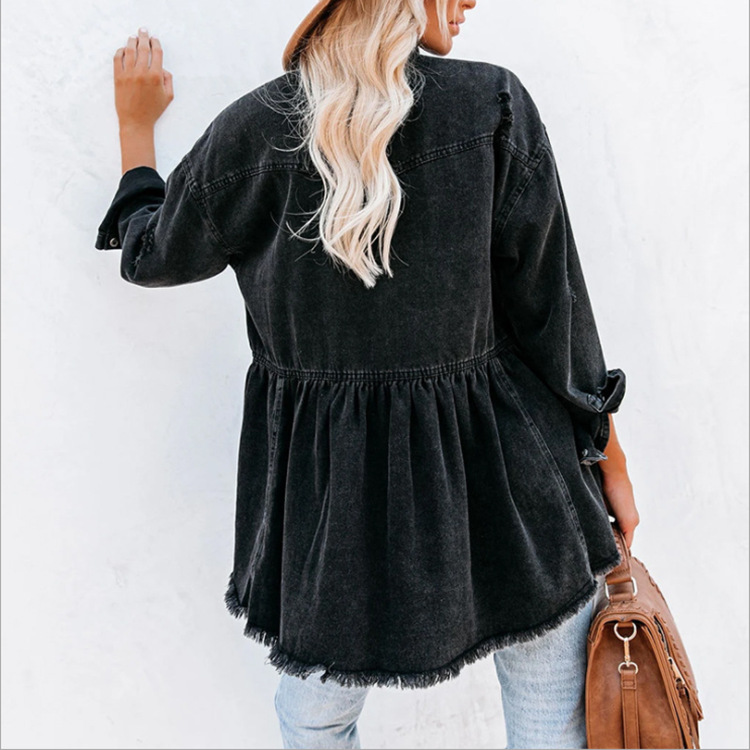 Denim Jacket Cowgirl Jacket Jacket Long Sleeve Black Raw Edge