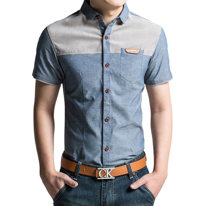 New Men's Short Sleeved Shirt Stitching Casual Fashion Denim Shirt