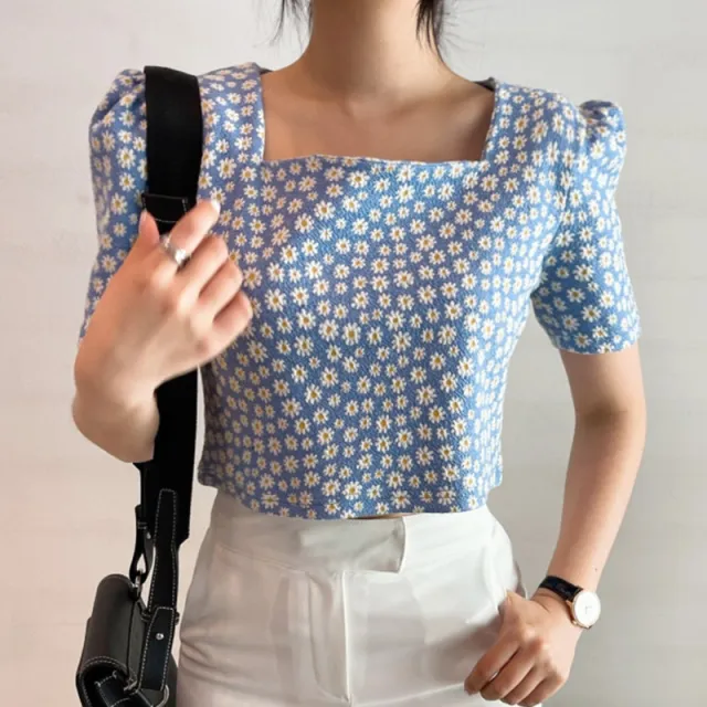 Simple Summer Daisy Loose And Thin Pullover Puff Sleeve Shirt Top Blue - Shop at LoveMi