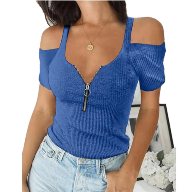 Casual Solid Color Threaded Zipper Decoration Strap T-shirt