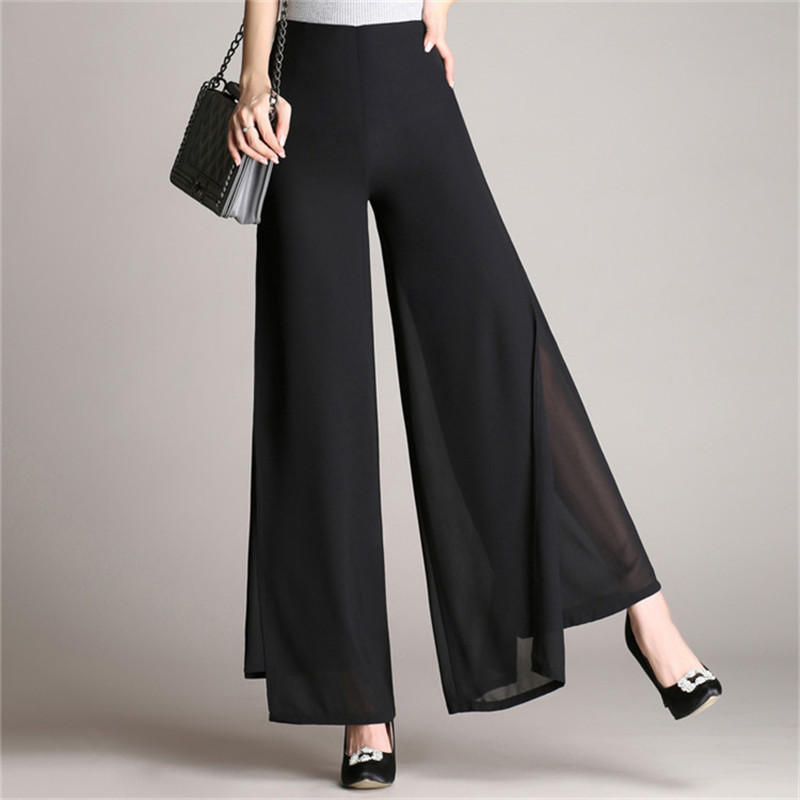 Title 2, High Waist Slit Thin Loose Black Drape Trousers