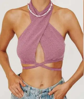 Net Celebrity With The Same Temperament Halter Neck Halter Sexy Navel Short Vest Short T Pink - Shop at LoveMi