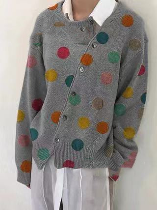 Polka Dot Printed Long Sleeve Sweater Knit Cardigan Women's Clothing