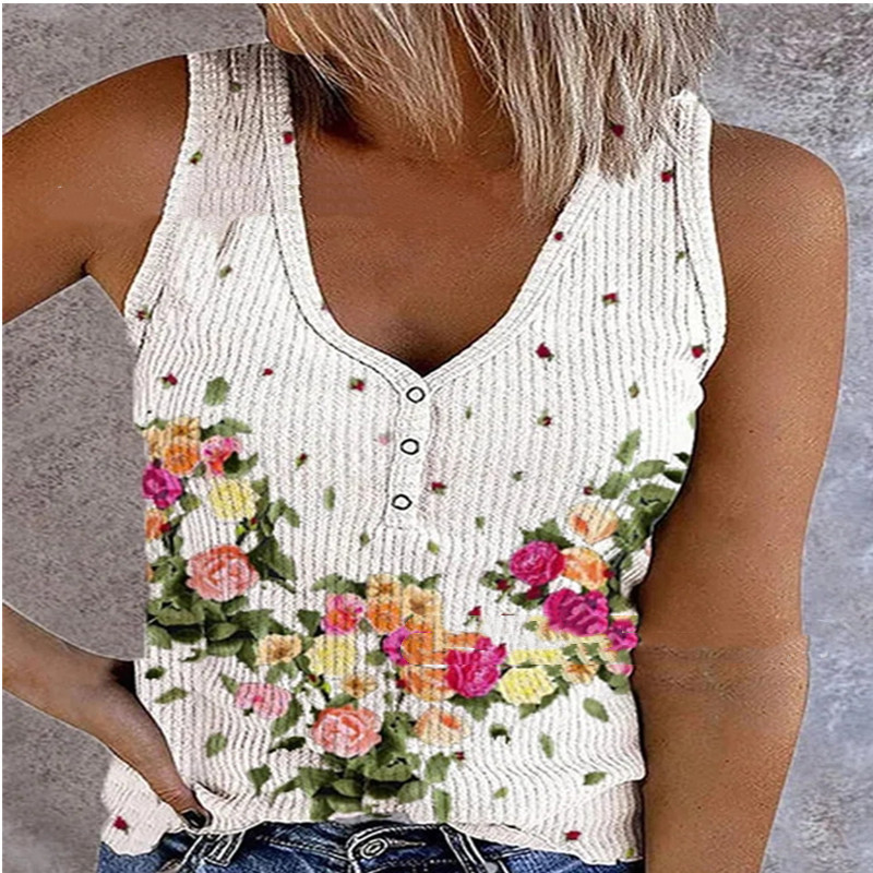 Title 6, Ladies Button Vest Printed V-neck Sleeveless T-...