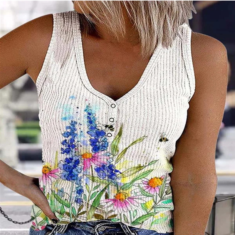 Title 4, Ladies Button Vest Printed V-neck Sleeveless T-...