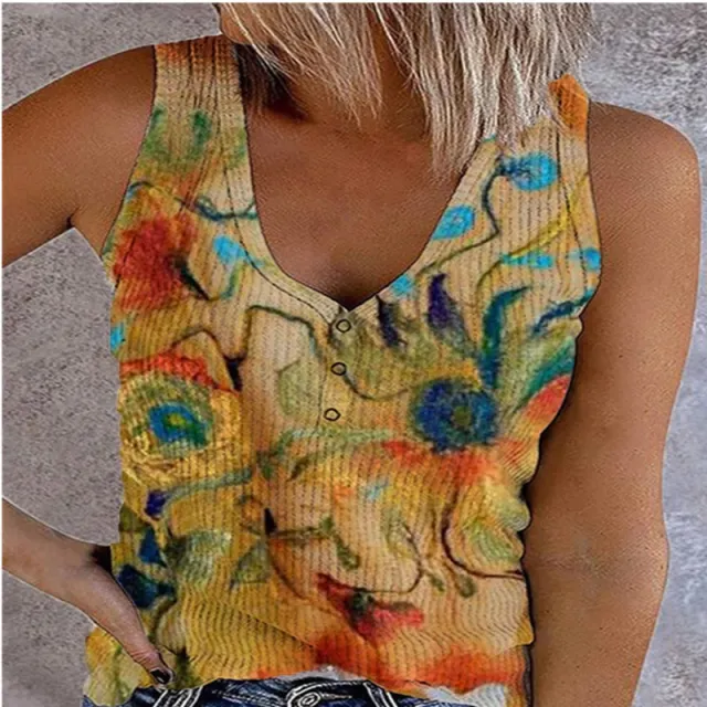 Ladies Button Vest Printed V neck Sleeveless T Shirt Top Yellow - Shop at LoveMi