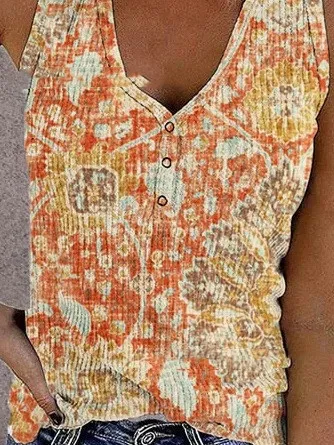 Ladies Button Vest Printed V neck Sleeveless T Shirt Top Orange - Shop at LoveMi