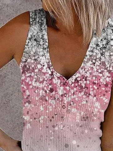 Ladies Button Vest Printed V neck Sleeveless T Shirt Top Grey - Shop at LoveMi
