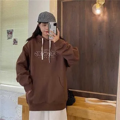 Women's Loose And Fleece Hooded Sweater Coffee - Shop at LoveMi