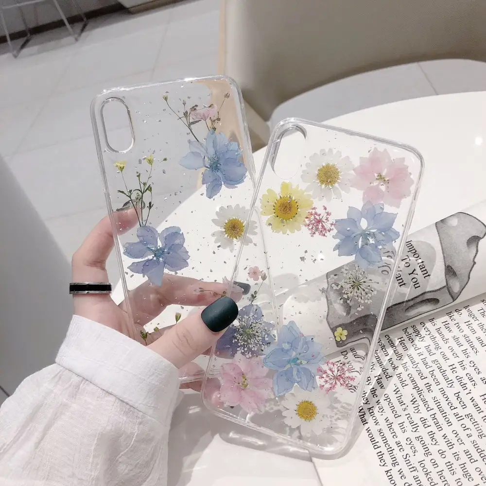 Fashion Glitter Real Dry Pressed Flower Phone Case Transparent