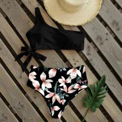 One Shoulder Strap Bikini Print New Swimsuit - Black - View 1