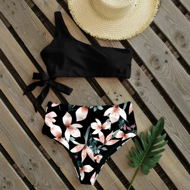 One Shoulder Strap Bikini Print New Swimsuit Black - Shop at LoveMi