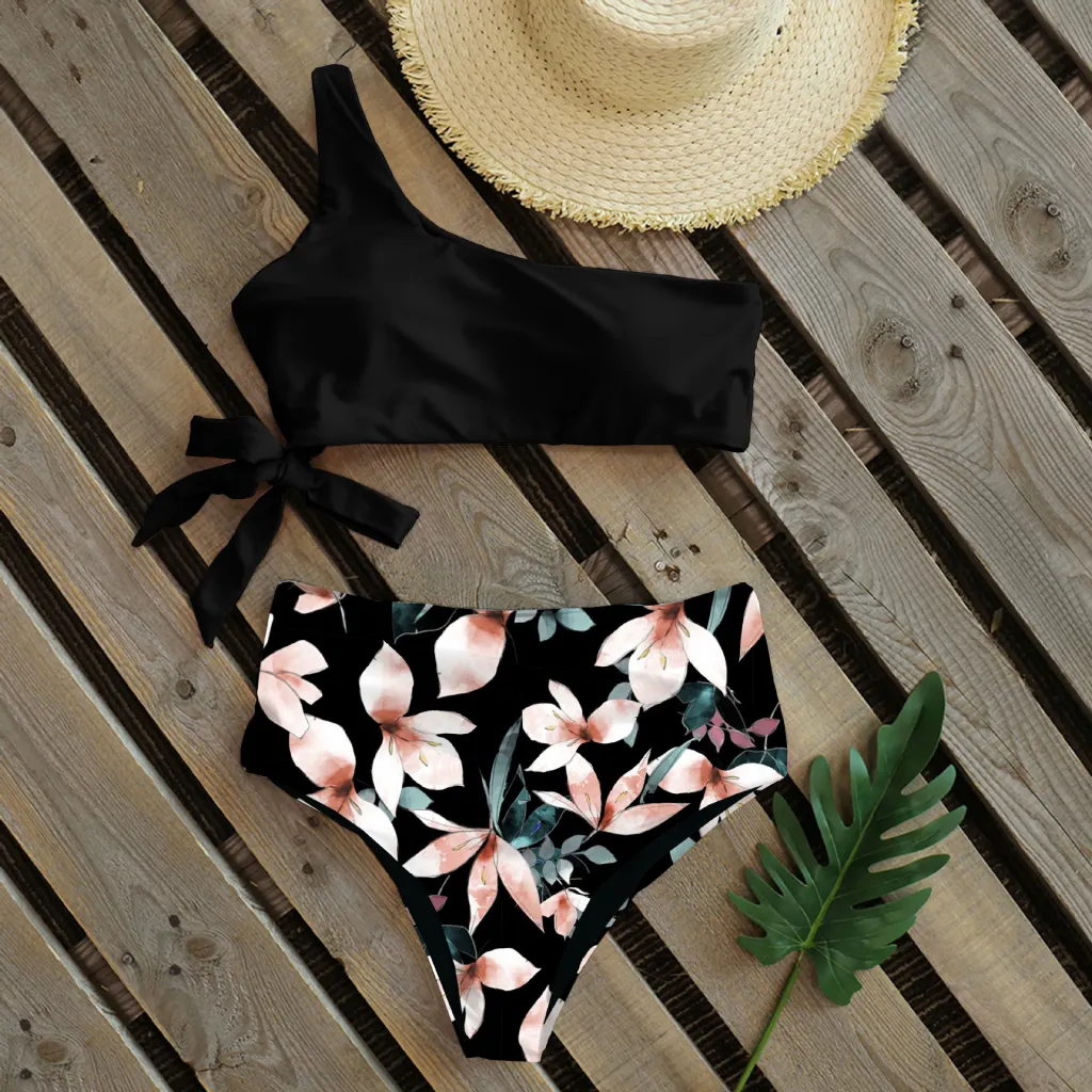 One Shoulder Strap Bikini Print New Swimsuit - Black