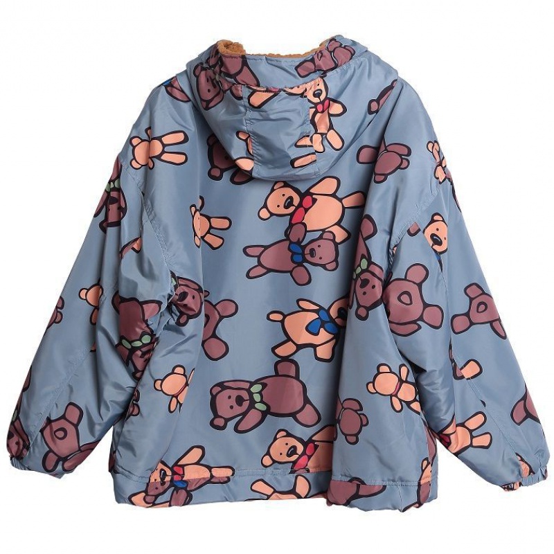 Cute Bear Print Temperament Retro Loose Hooded Versatile Lamb Wool New Clothes Schoolgirl Coat Winter