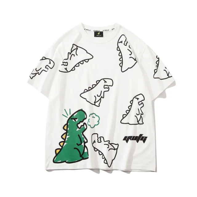 Ins Trend Loose Harajuku Style Printed Small Dinosaur Pattern Men's And Women's T shirt White - Shop at LoveMi