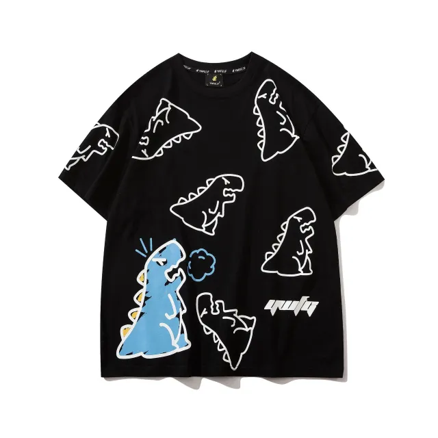 Ins Trend Loose Harajuku Style Printed Small Dinosaur Pattern Men's And Women's T shirt Black - Shop at LoveMi