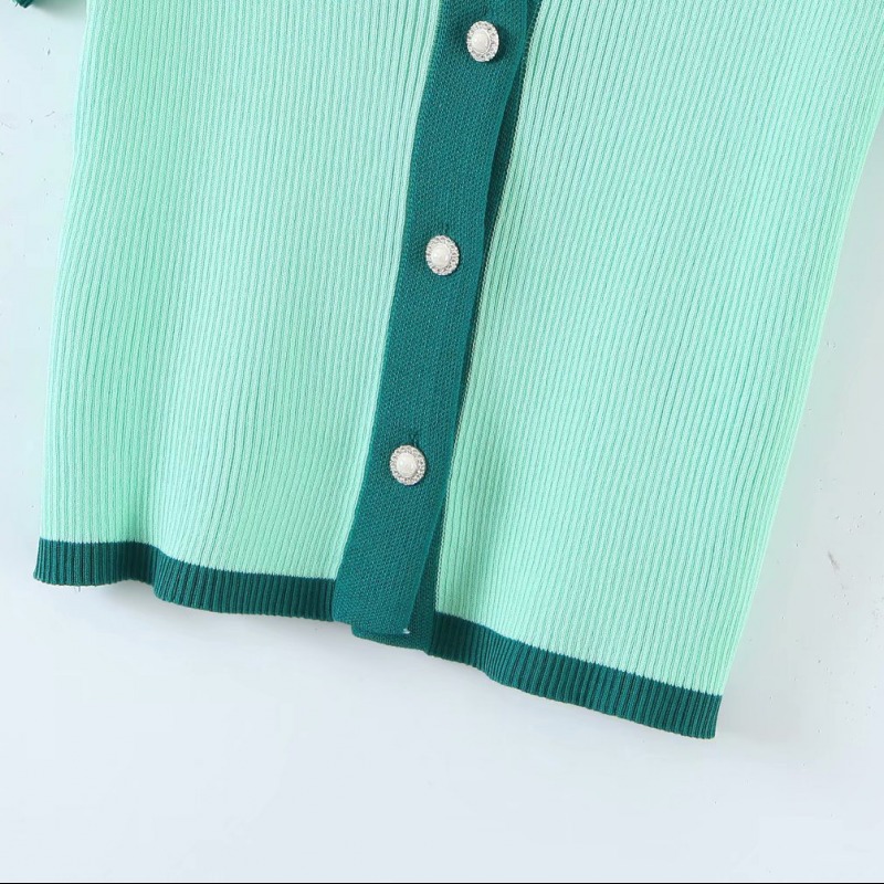 New Summer Street Lapel Short-sleeved Single-breasted Short Cardigan Slim-fit Color-block Sweater Wholesale Women's Clothing