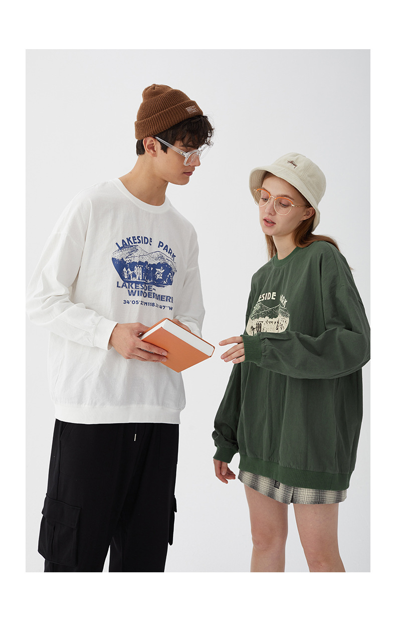 HeyHenry Retro Hong Kong Style Printed Round Neck Cotton Sweater Men's Autumn New Thin Section Japanese Ins Trend