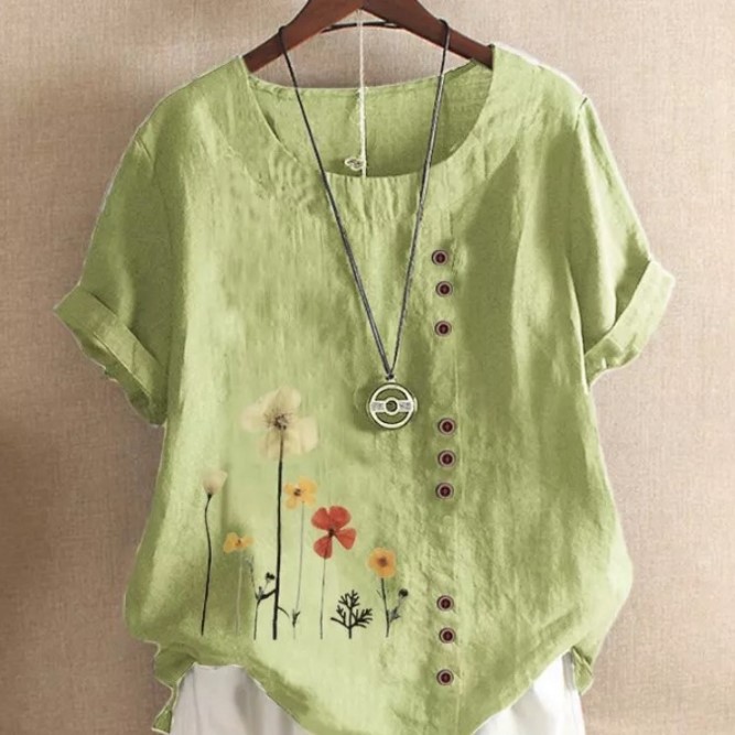 Retro Cotton And Linen Print Loose Short Sleeves