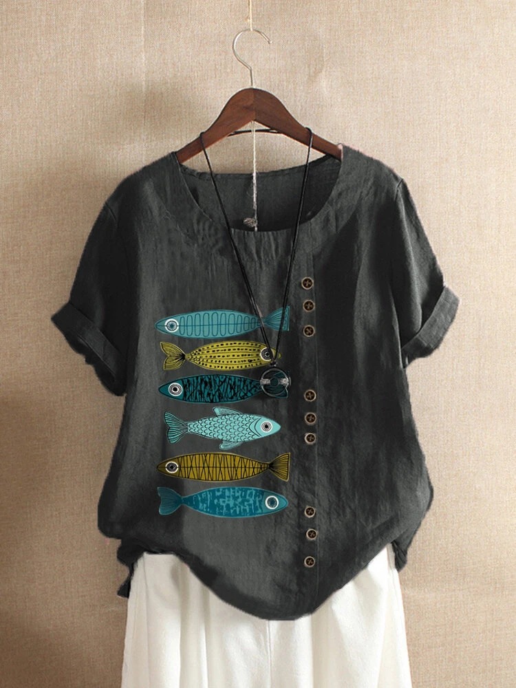 New Cotton And Linen Retro Printed Short Sleeves