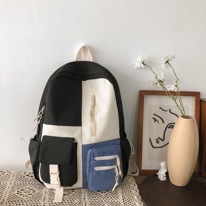 Retro Contrast Color Student Schoolbag Female Harajuku Large Capacity Black - Shop at LoveMi