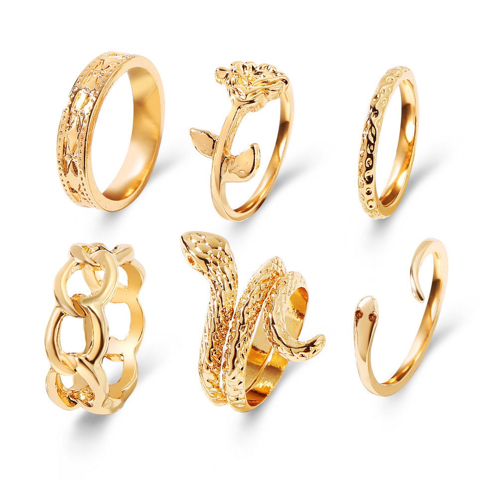 European And American Cross-Border New Metal Joint Ring Creative Personality Snake-Shaped Rose Chain Ring 6-Piece Set