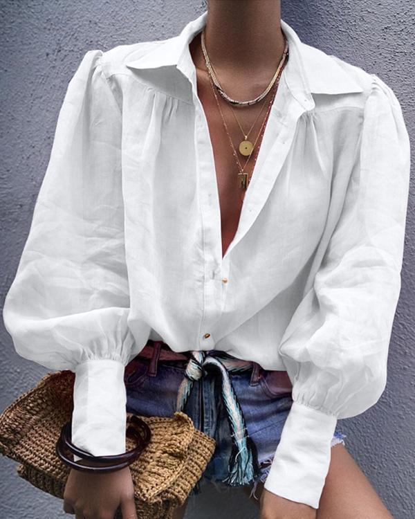 Steel Button Simple Loose Lantern Sleeves Long Sleeves