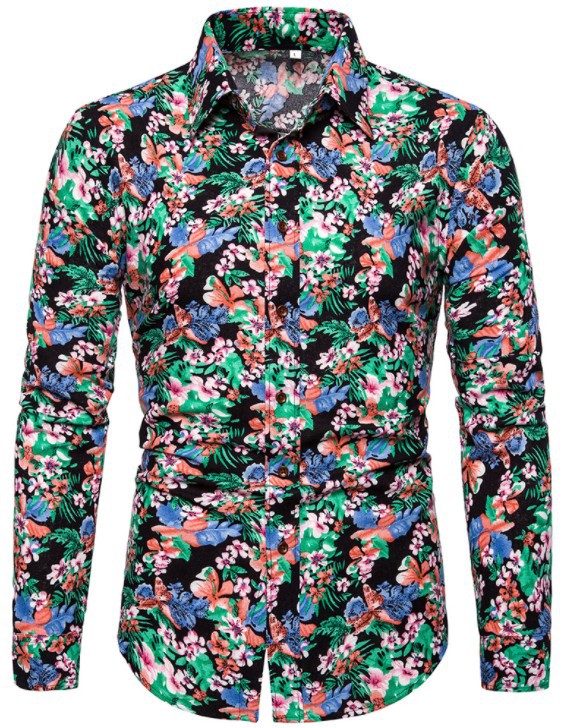 New Men'S Fashion Casual Slim Flower Long Sleeve Shirt Men'S Plus Fat Plus Size Shirt Series