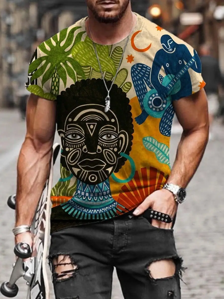 Summer New Men's Totem Character Round Neck Short Sleeved Loose T Shirt