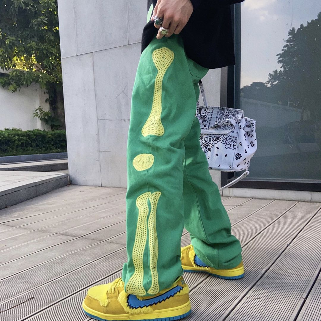 Street Green Embroidery Bone Loose Wash Denim Casual Pants Men