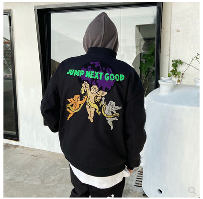 Men's Baseball Uniform Angel Print Plus Velvet Jacket