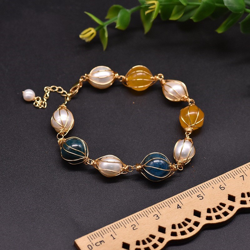Natural Freshwater Pearl Blue Crystal Stone Yellow Jade Bracelet