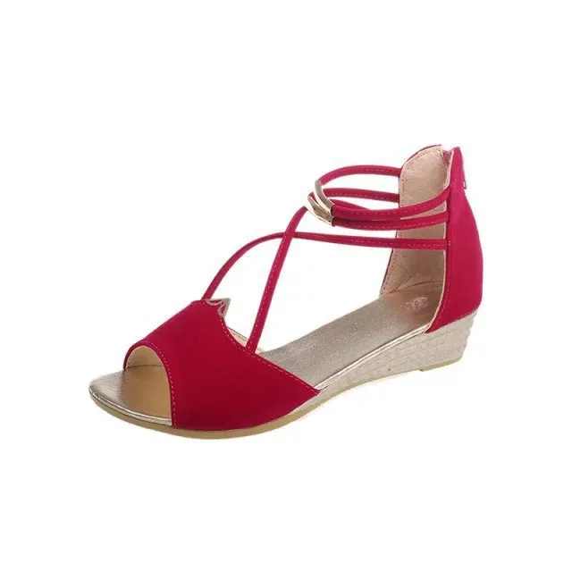 Summer New Sandals Fashion Korean Style Comfortable Strap Solid Color Fish Mouth Low Heel Sandals - Red