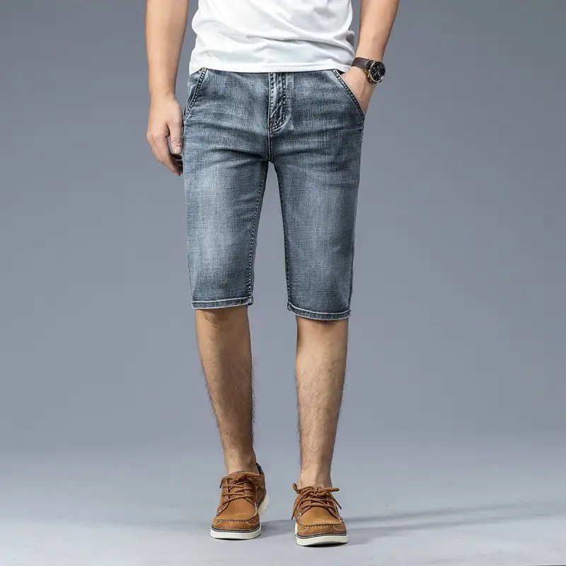 Men's Mid-waist Cotton Stretch Straight Five-point Denim Pants