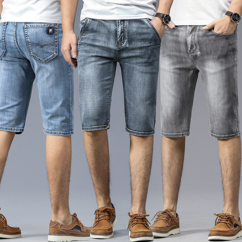 Men's Mid-waist Cotton Stretch Straight Five-point Denim Pants