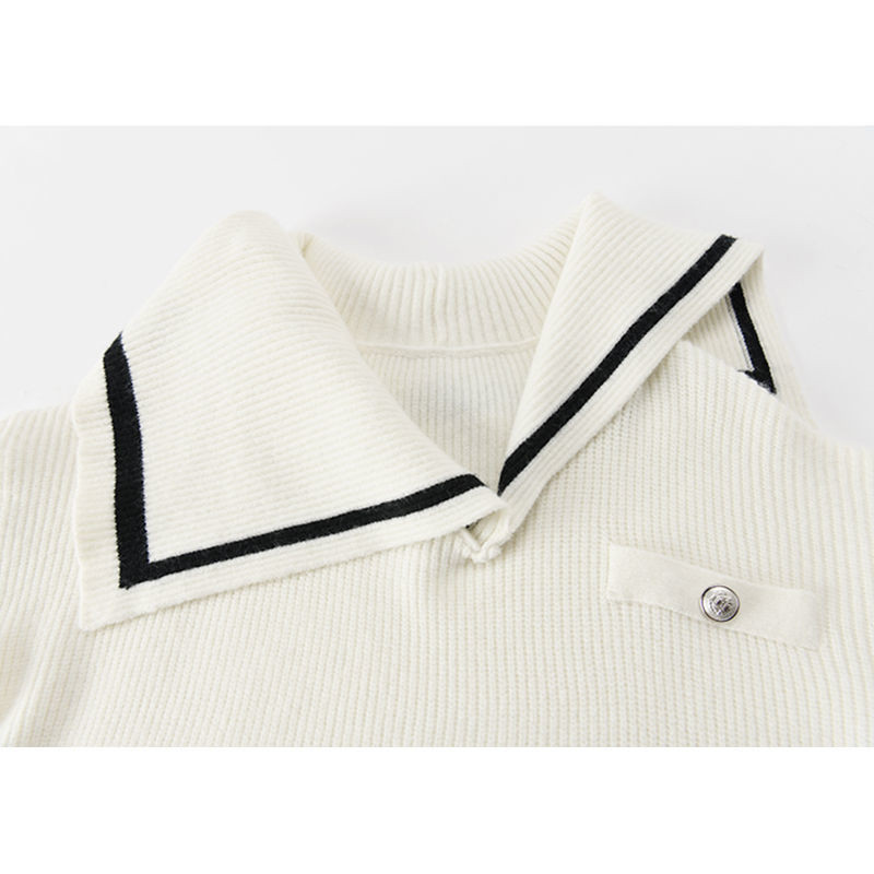 Design Navy Collar Can Be Off-shoulder Slim White Sweater