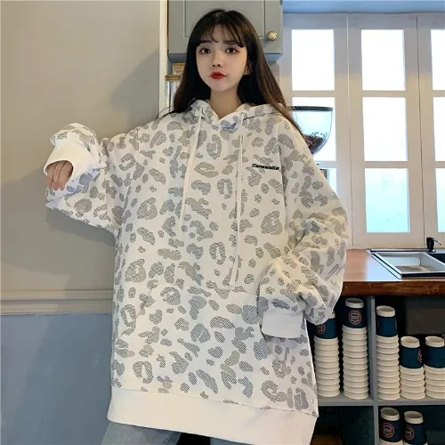 Leopard Print Sweater Lesbian Style Fried Street Loose Couple Plus Velvet Padded Hoodie White - Shop at LoveMi