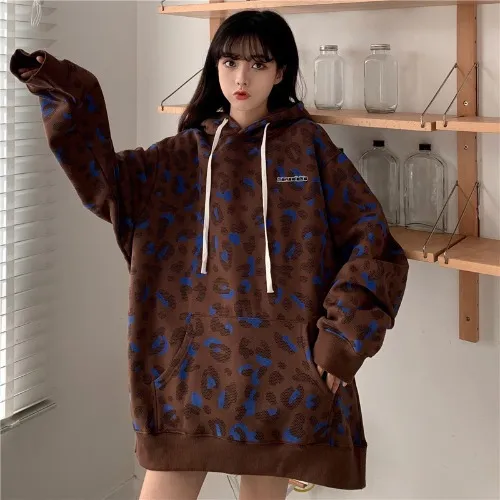 Leopard Print Sweater Lesbian Style Fried Street Loose Couple Plus Velvet Padded Hoodie Brown - Shop at LoveMi