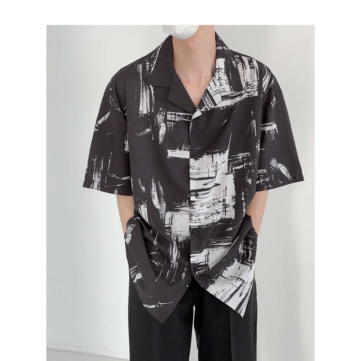 Japanese Cuban Collar Short-sleeved Shirt Men's Five-point Sleeve Shirt Loose Trend