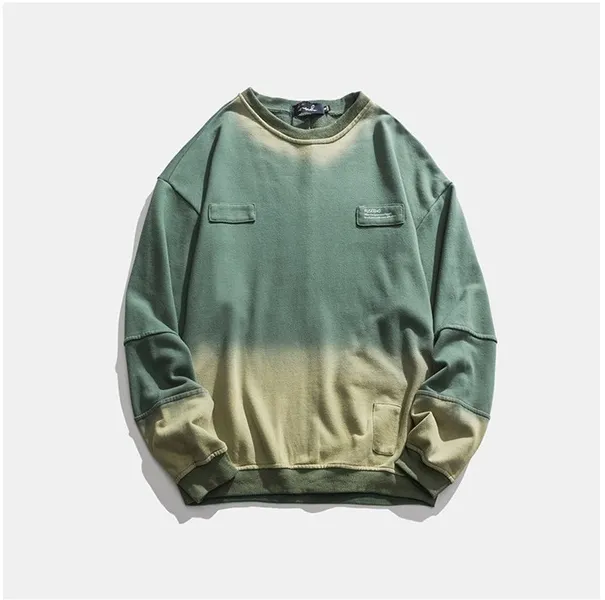 Gradient Washed Distressed Round Neck Pullover Jacket - Green