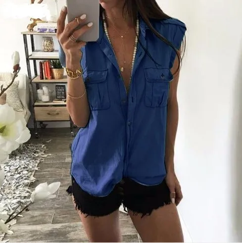 Euro American Style Denim Shirts Are Loose And Sleeveless Blue - Shop at LoveMi