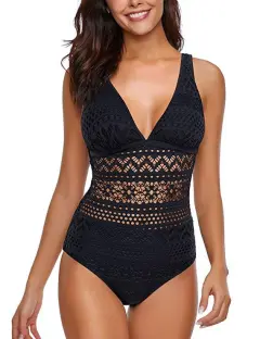 One Piece High Waist Hollow Lace Bikini - Black - View 1