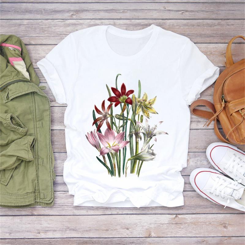 Title 3, Modal Flower Illustration Printed Short-sleeved...