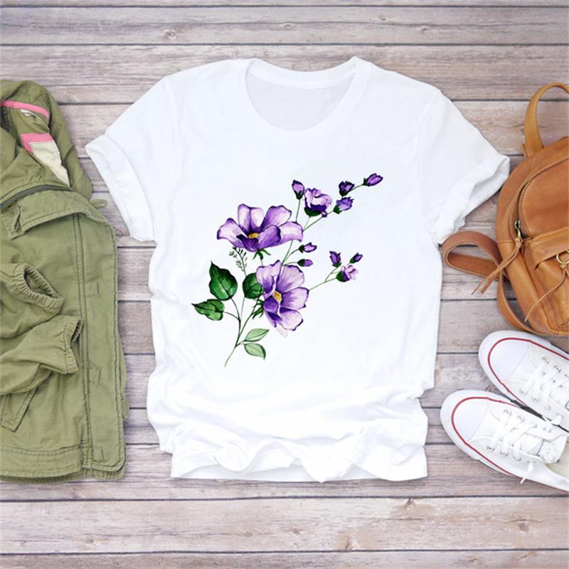 Title 5, Modal Flower Illustration Printed Short-sleeved...