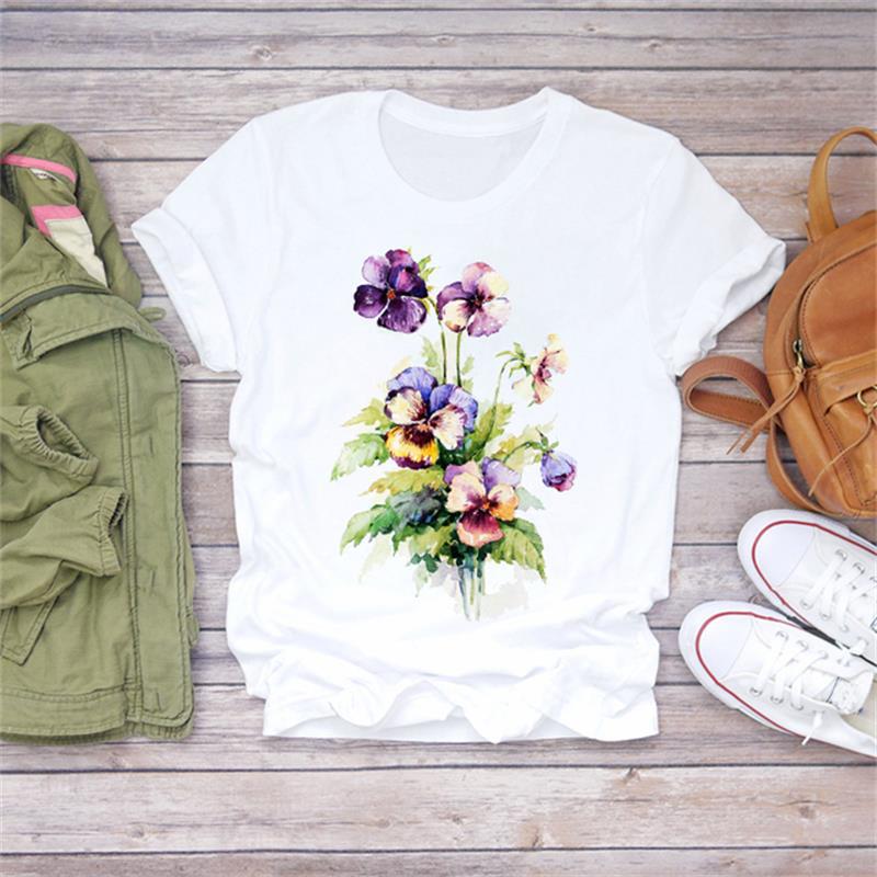 Title 14, Modal Flower Illustration Printed Short-sleeved...