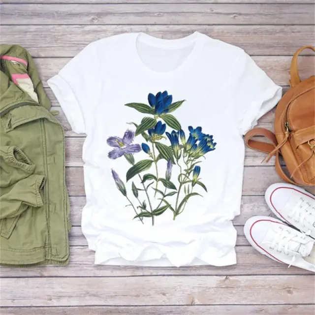 Modal Flower Illustration Printed Short sleeved T Shirt Women Casual Top 10.Style - Shop at LoveMi