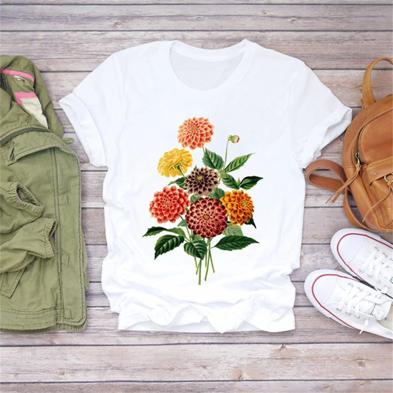 Modal Flower Illustration Printed Short-sleeved T Shirt Women Casual Top