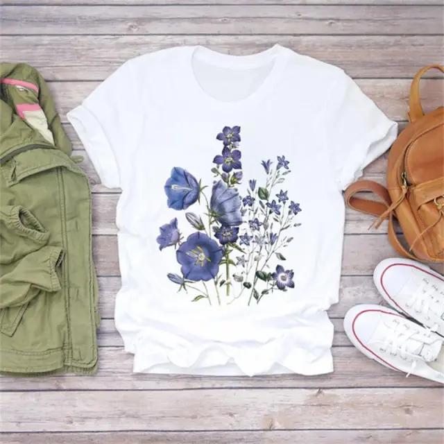 Modal Flower Illustration Printed Short sleeved T Shirt Women Casual Top 15.Style 2Xl - Shop at LoveMi